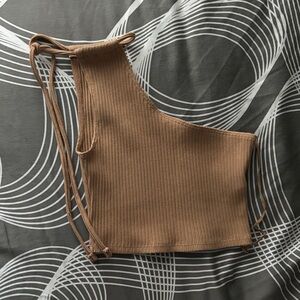 Aerie One-Shoulder Brown Ribbed Crop Top